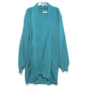 Vintage Lindsey Blake Teal Oversized Knit Collar Open Front Cardigan Sweater M